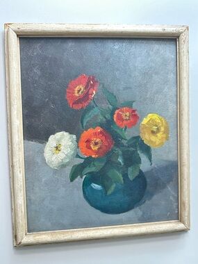 Floral Bouquet Oil Painting Red Yellow Orange Flowers Grey Background Framed